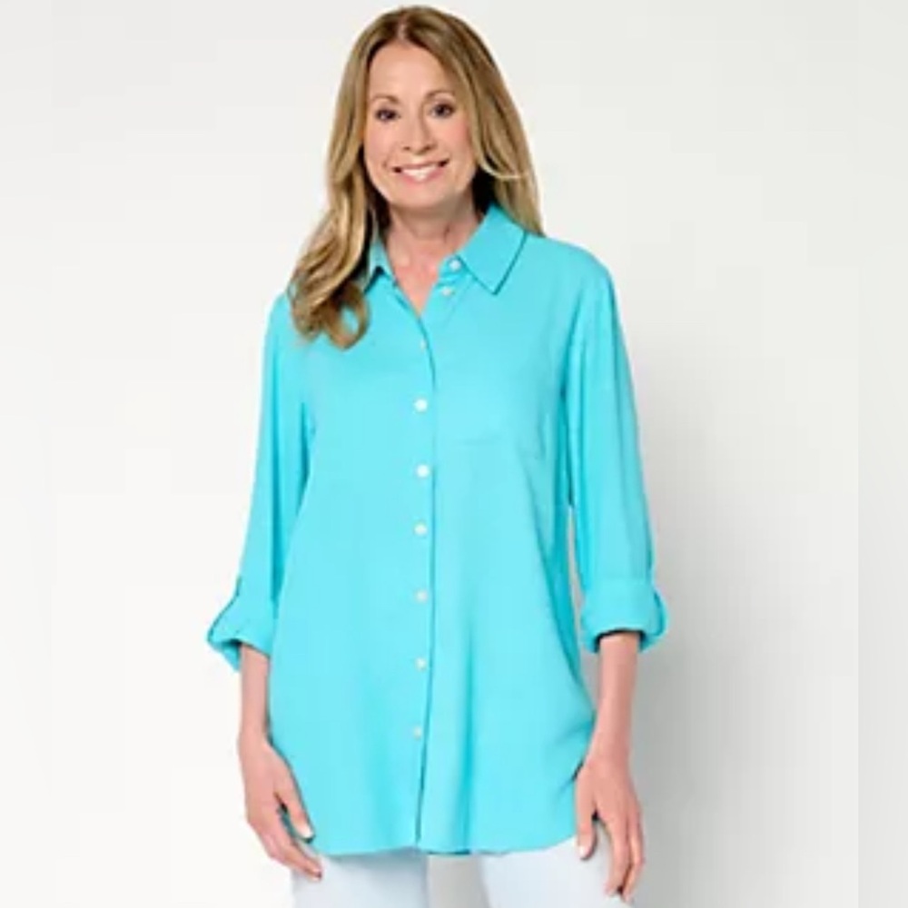 NWOT Denim & Co. Clear Aqua Blue Linen Blend Tunic Button Down